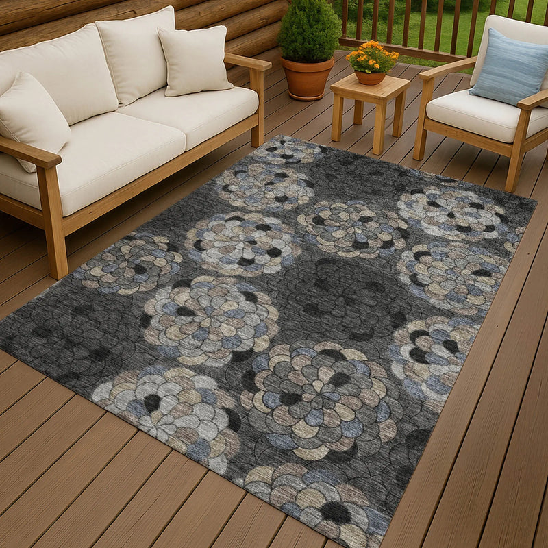 8' X 10' Black And Gray Floral Washable Indoor Outdoor Area Rug Homeroots Outdoor