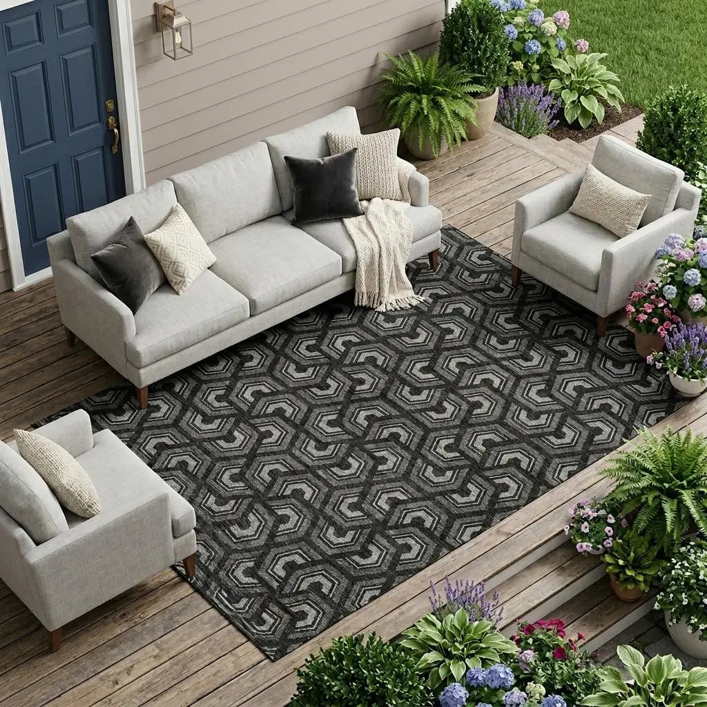 8' X 10' Black And Gray Geometric Washable Indoor Outdoor Area Rug Homeroots Outdoor