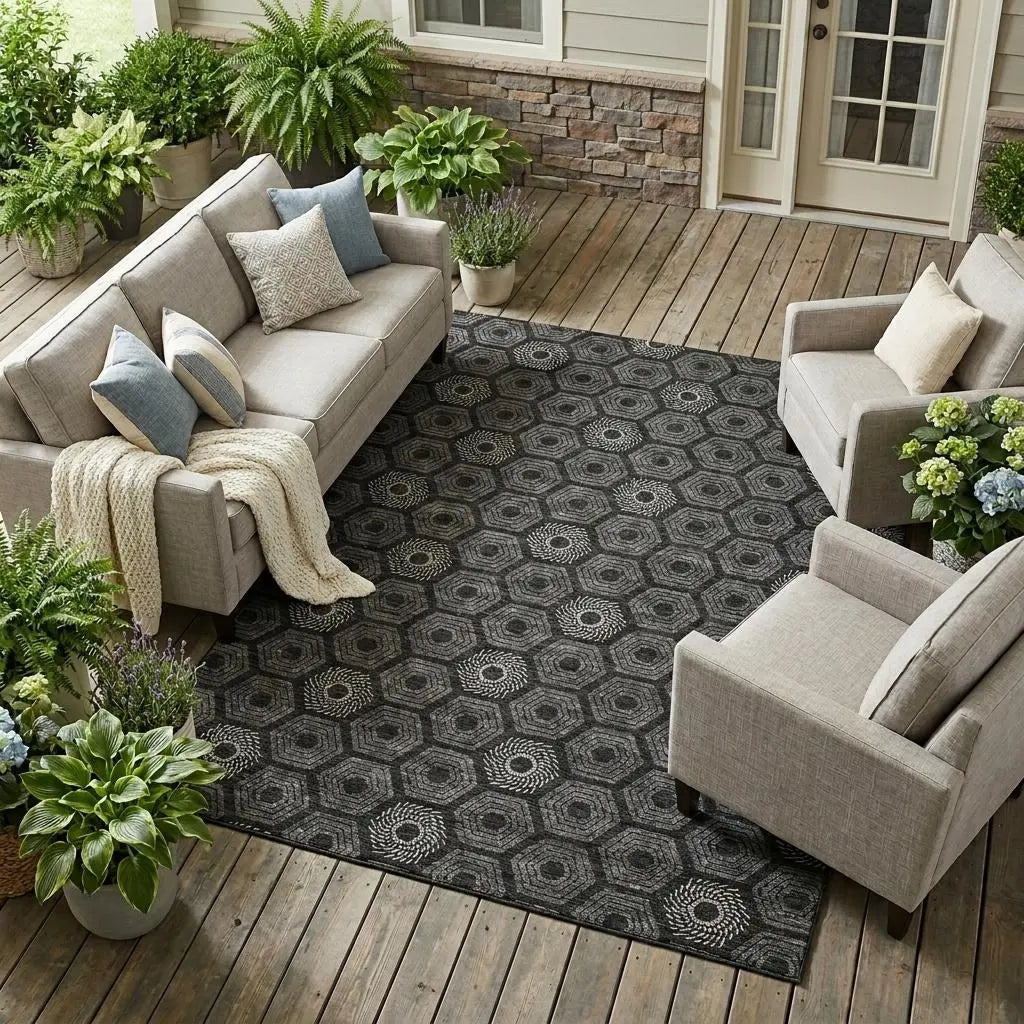 8' X 10' Black And Gray Geometric Washable Indoor Outdoor Area Rug Homeroots Outdoor