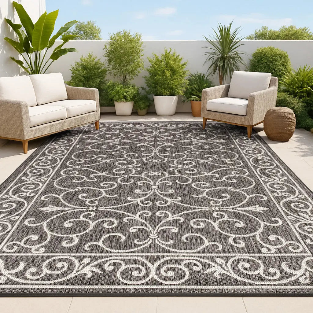 8' X 10' Black And Gray Medallion Indoor Outdoor Area Rug Homeroots Outdoor