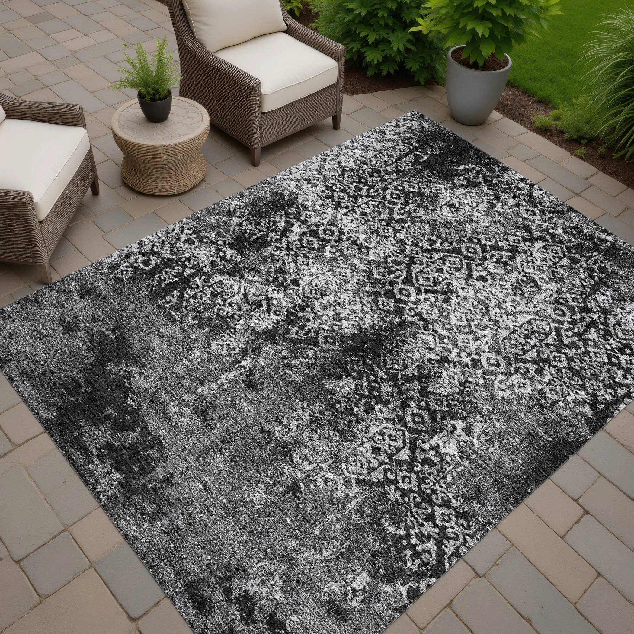 8' X 10' Black And Gray Oriental Washable Indoor Outdoor Area Rug Homeroots Outdoor