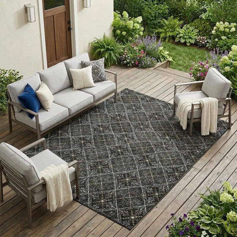 8' X 10' Black And Green Geometric Washable Indoor Outdoor Area Rug Homeroots Outdoor