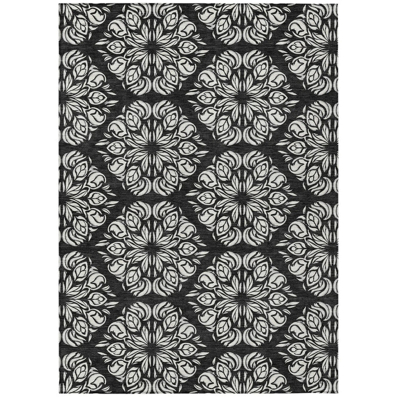 8' X 10' Black And Ivory Damask Washable Indoor Outdoor Area Rug Homeroots Outdoor