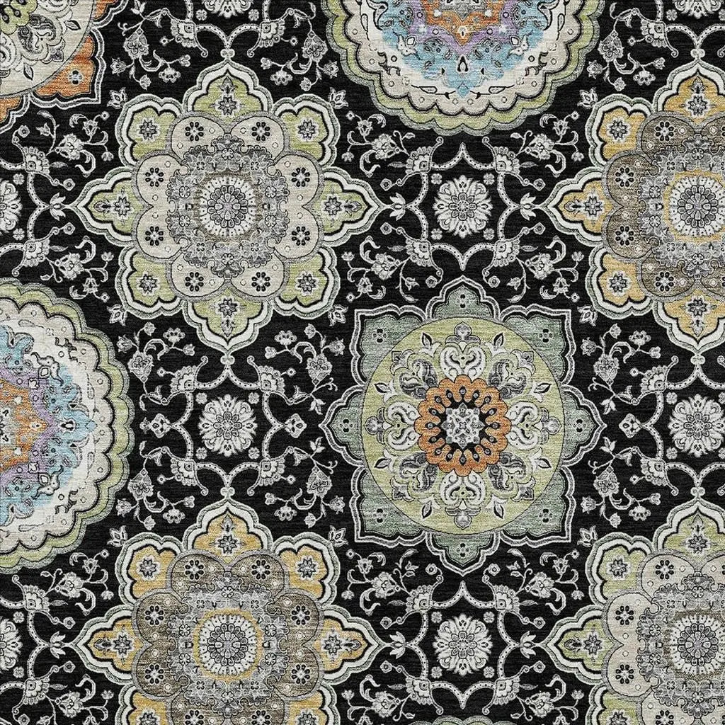 8' X 10' Black And Ivory Floral Medallion Washable Indoor Outdoor Area Rug Homeroots Outdoor