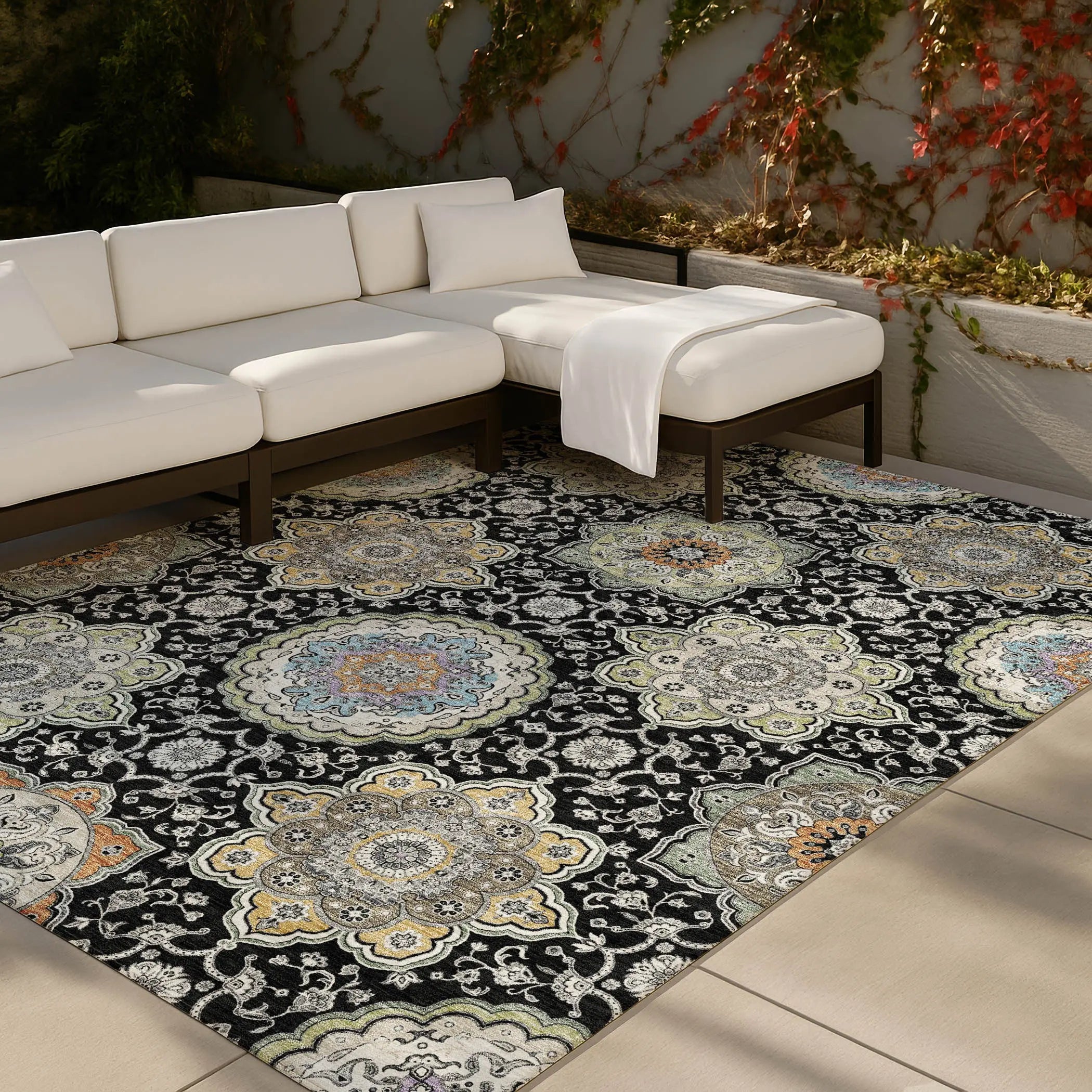 8' X 10' Black And Ivory Floral Medallion Washable Indoor Outdoor Area Rug Homeroots Outdoor