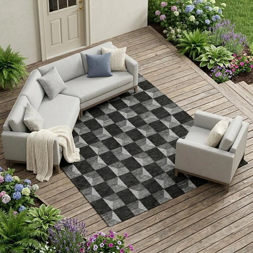 8' X 10' Black And Ivory Geometric Washable Indoor Outdoor Area Rug Homeroots Outdoor