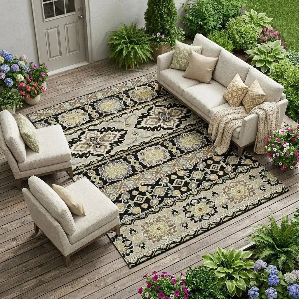 8' X 10' Black And Ivory Tribal Washable Indoor Outdoor Area Rug Homeroots Outdoor