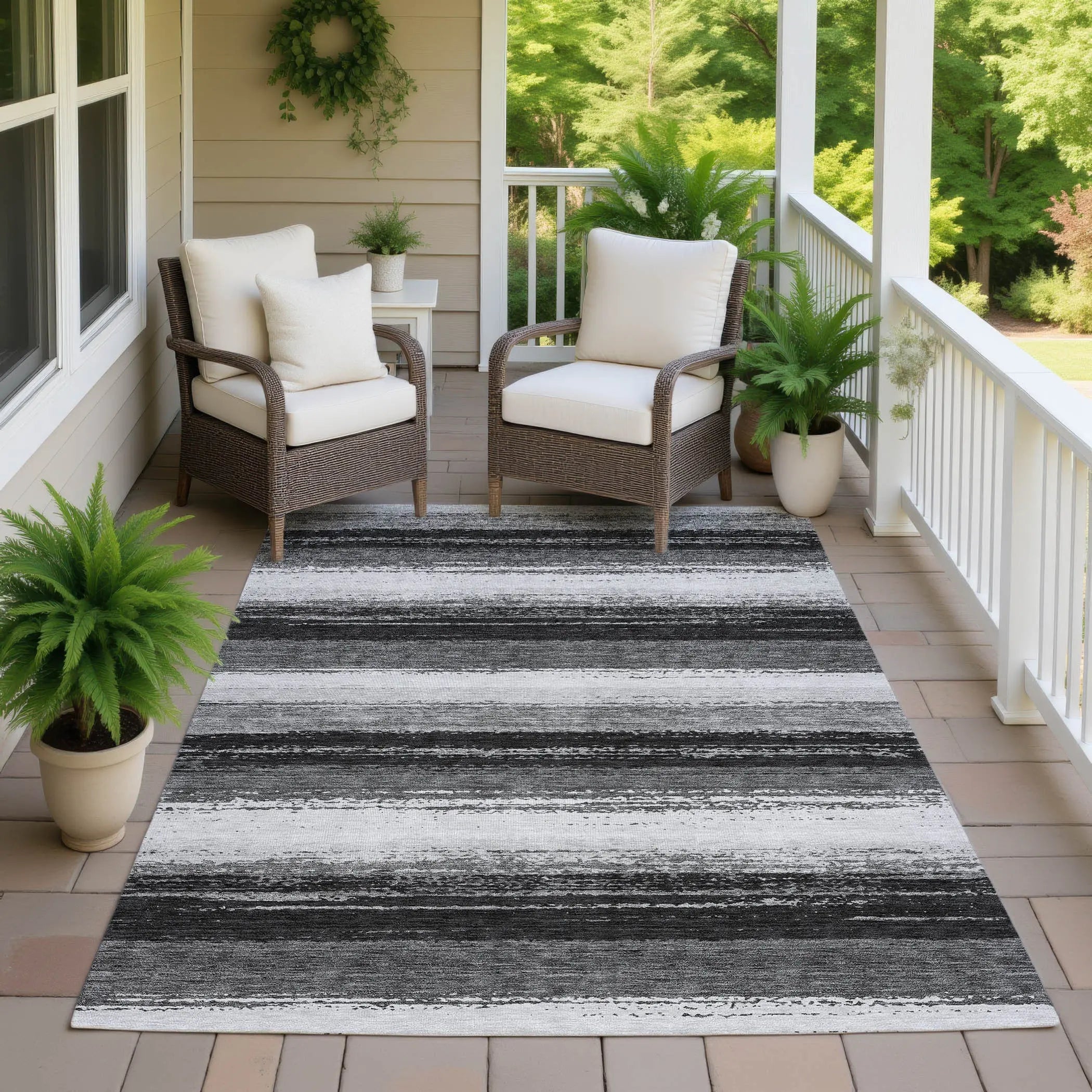 8' X 10' Black And Khaki Striped Washable Indoor Outdoor Area Rug Homeroots Outdoor