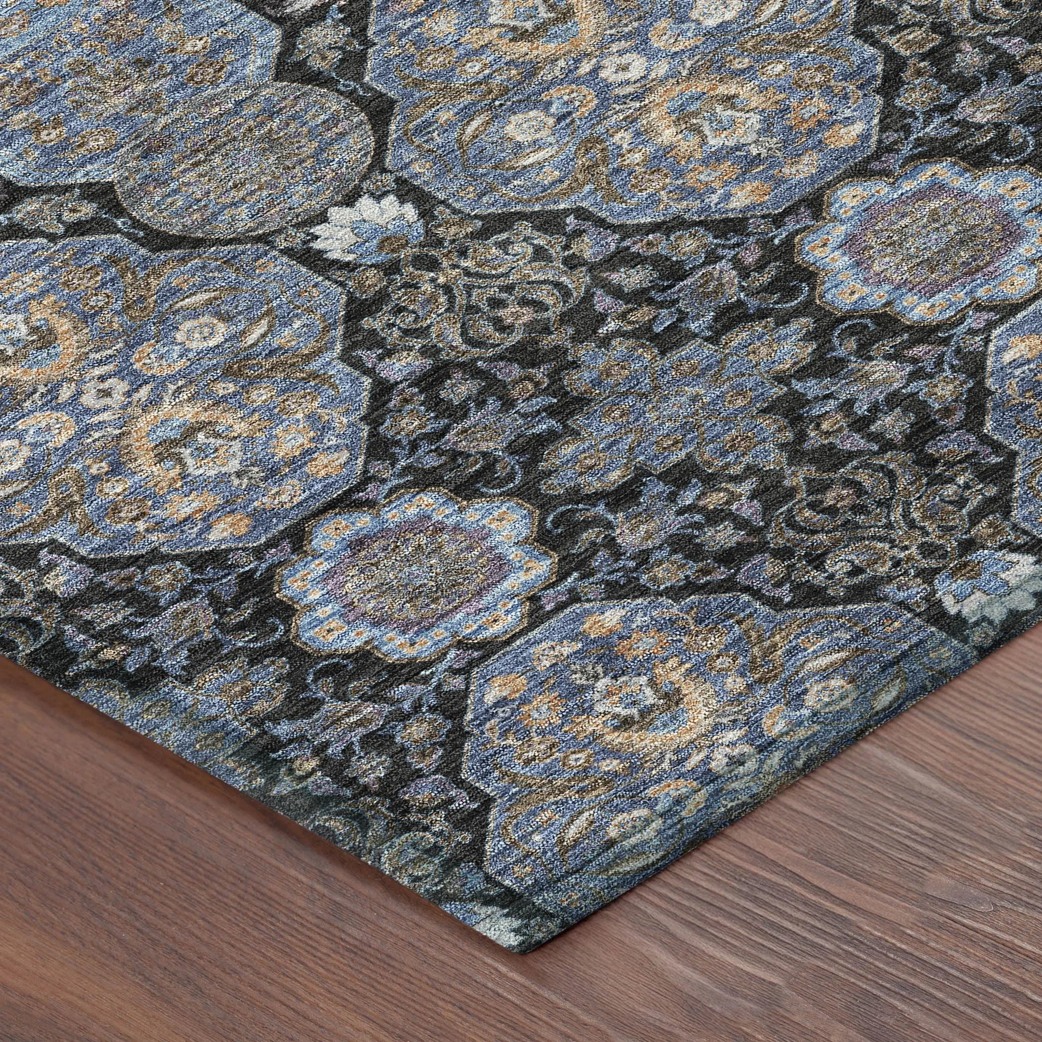 8' X 10' Black And Navy Blue Floral Washable Indoor Outdoor Area Rug Homeroots Outdoor