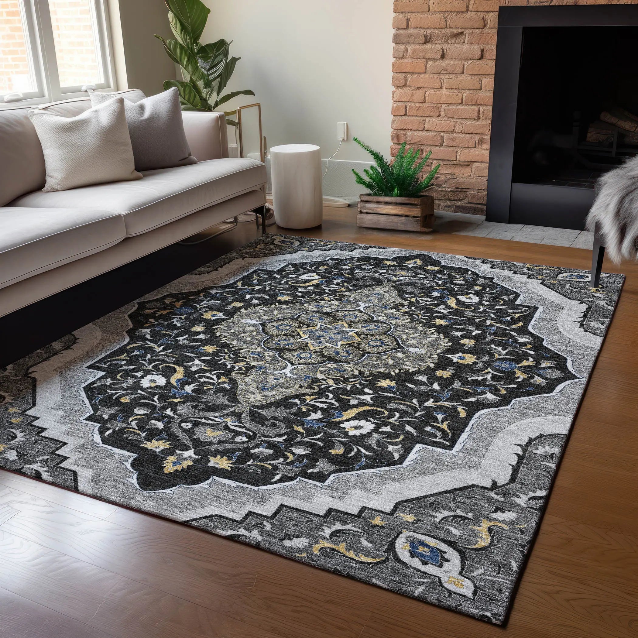 8' X 10' Black And Orange Medallion Washable Indoor Outdoor Area Rug Homeroots Outdoor
