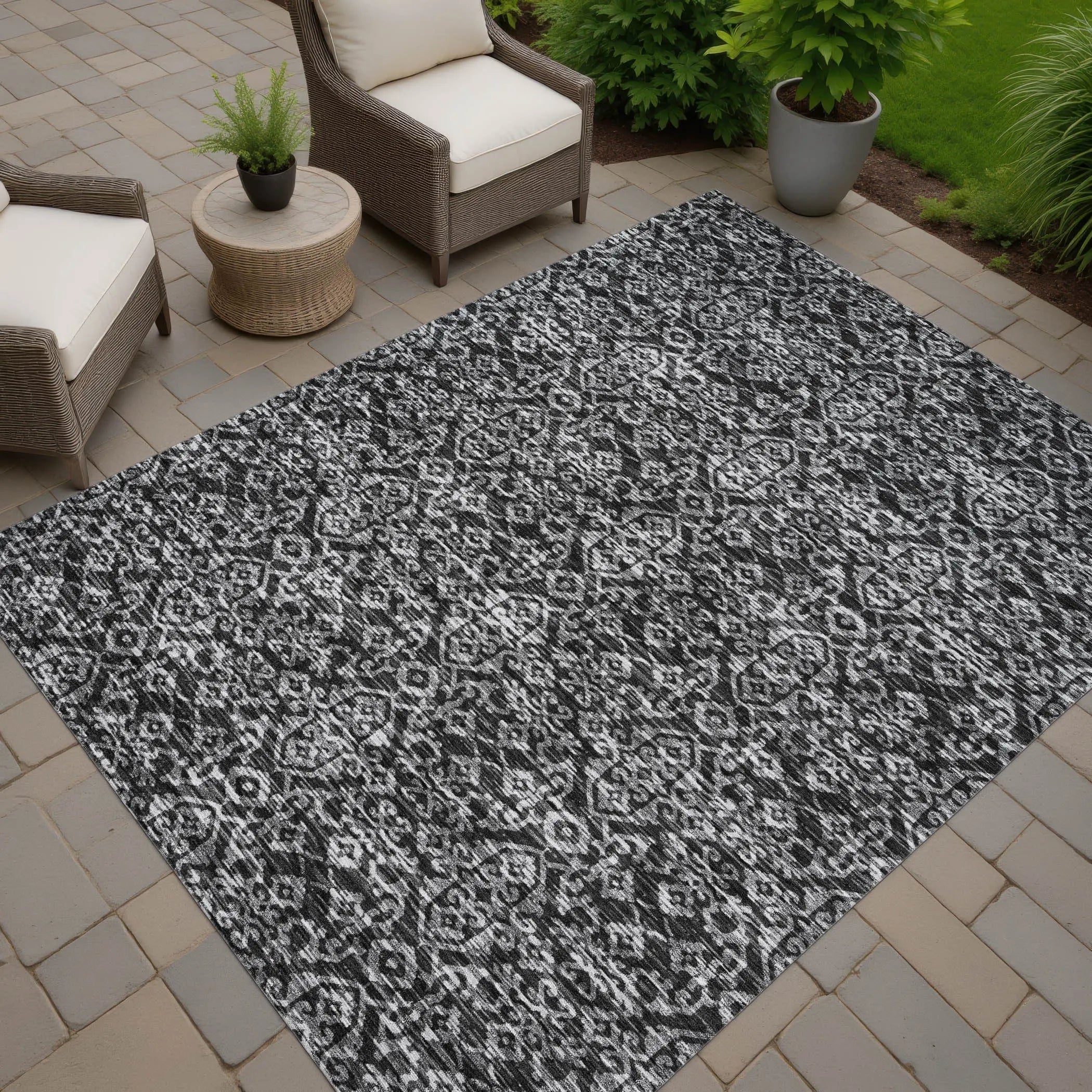 8' X 10' Black And Saffron Oriental Washable Indoor Outdoor Area Rug Homeroots Outdoor