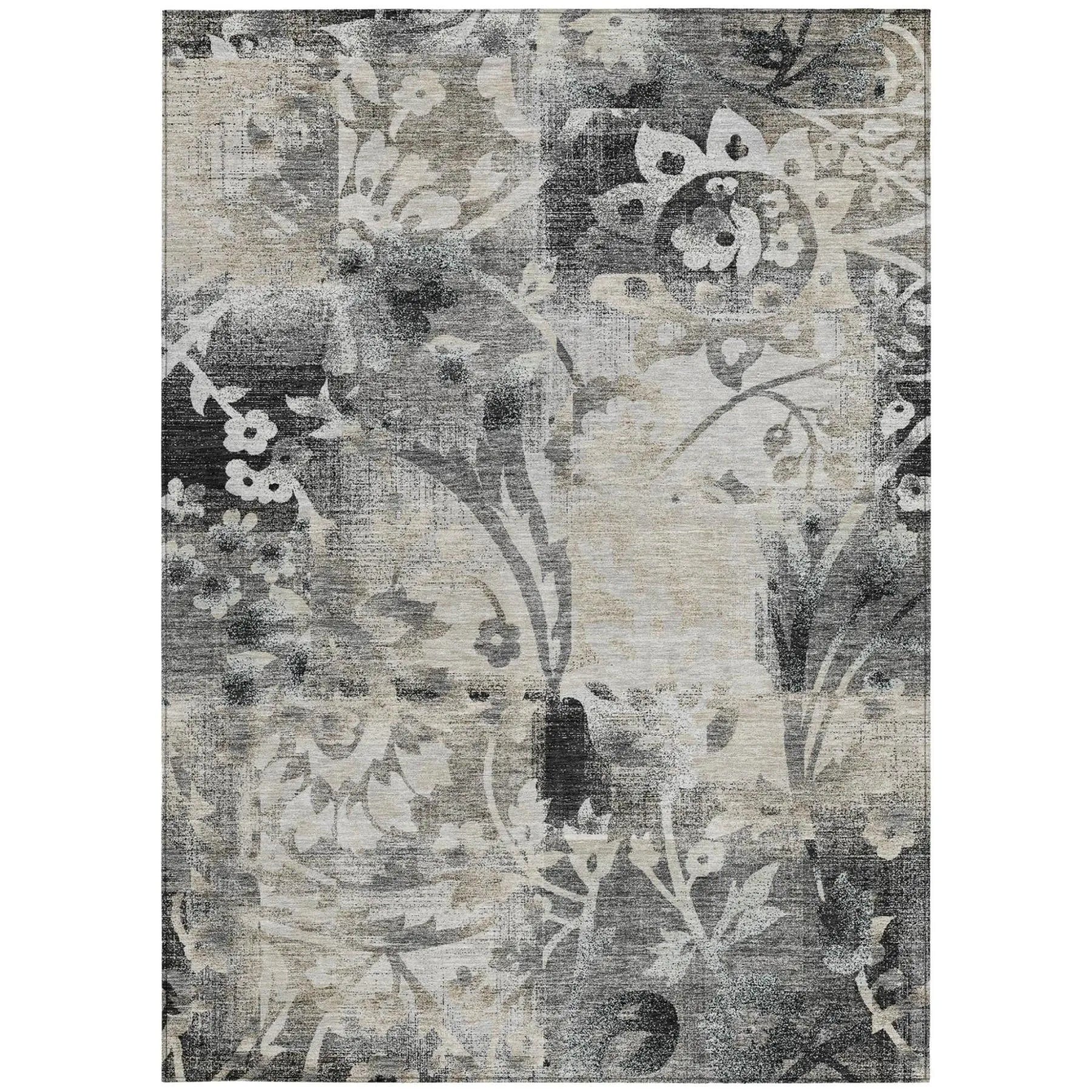 8' X 10' Black And Silver Botanical Leaves Washable Indoor Outdoor Area Rug Homeroots Outdoor