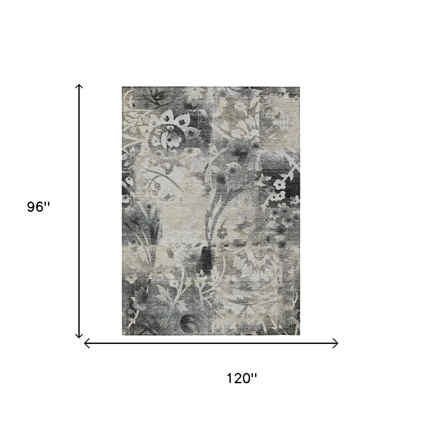 8' X 10' Black And Silver Botanical Leaves Washable Indoor Outdoor Area Rug Homeroots Outdoor