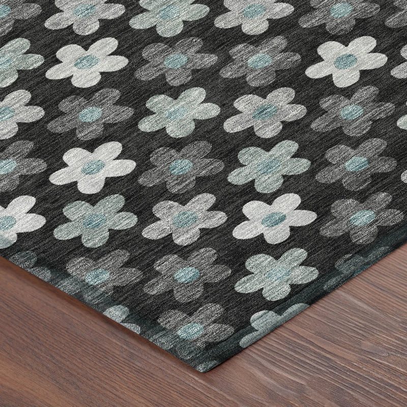 8' X 10' Black And Silver Floral Washable Indoor Outdoor Area Rug Homeroots Outdoor