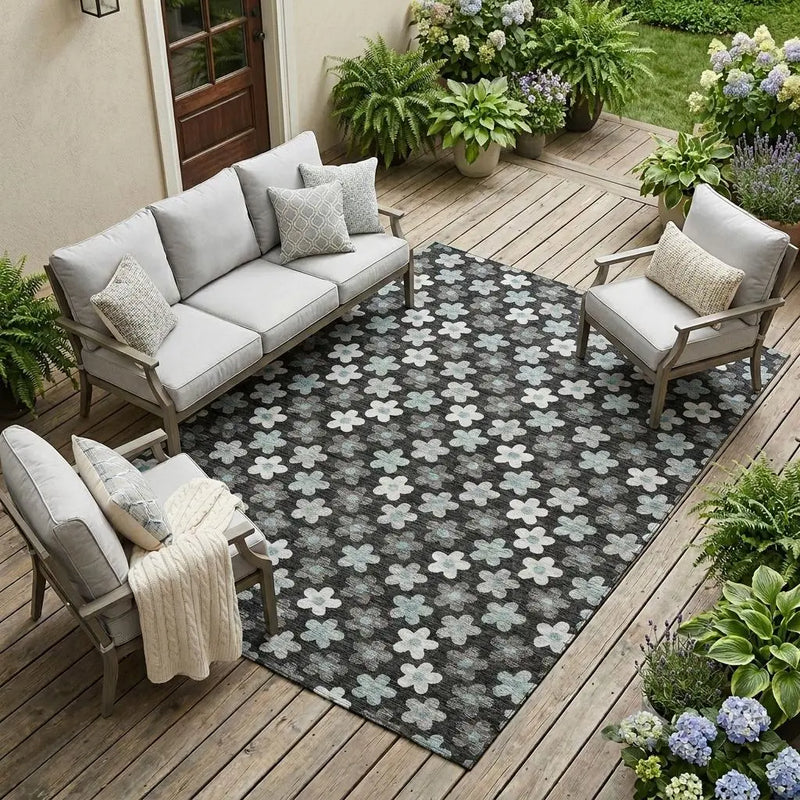 8' X 10' Black And Silver Floral Washable Indoor Outdoor Area Rug Homeroots Outdoor