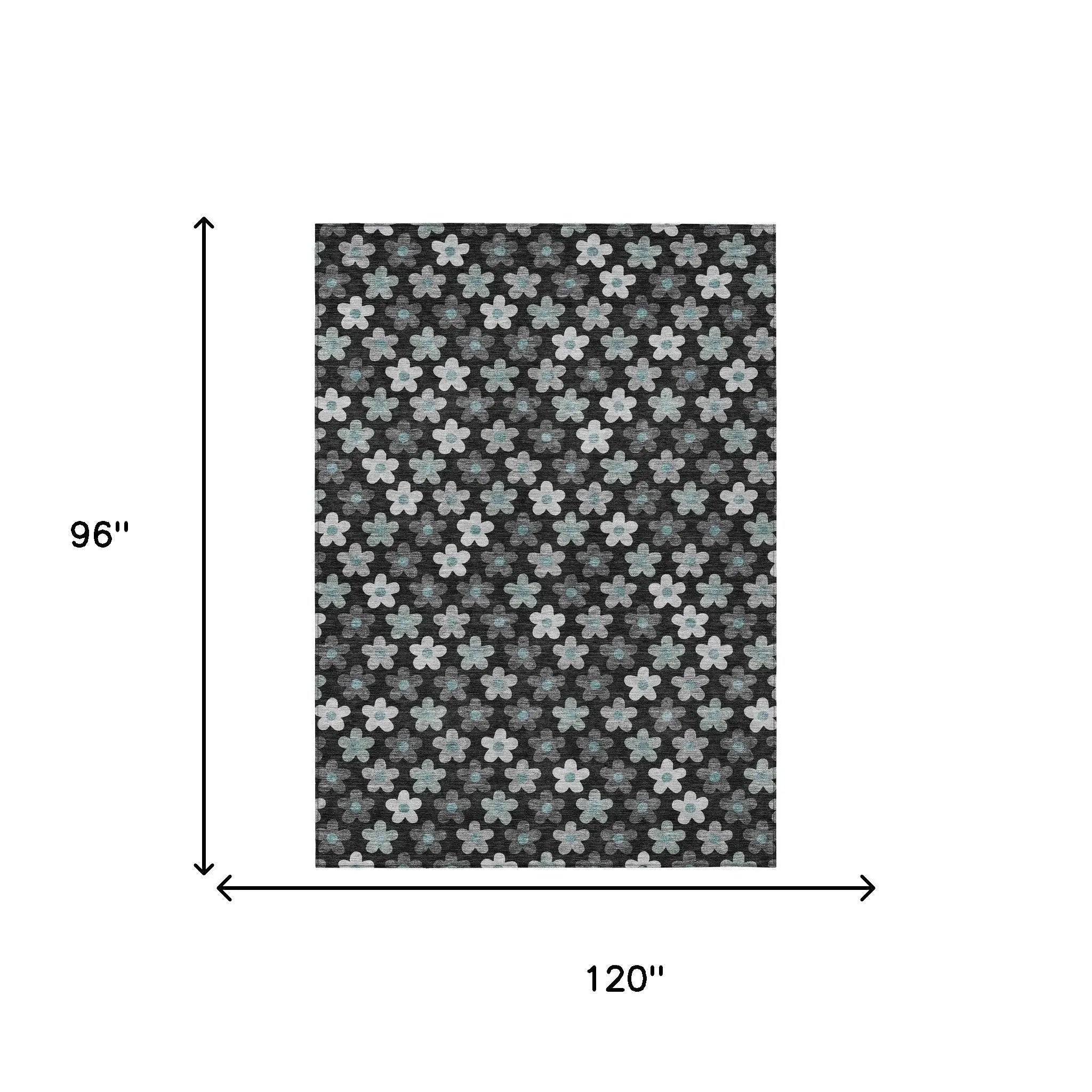 8' X 10' Black And Silver Floral Washable Indoor Outdoor Area Rug Homeroots Outdoor