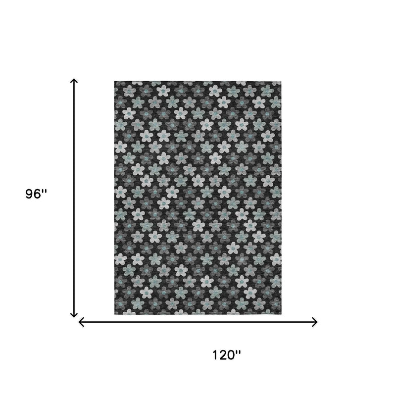 8' X 10' Black And Silver Floral Washable Indoor Outdoor Area Rug Homeroots Outdoor