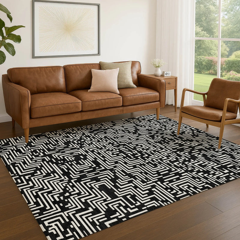 8' X 10' Black And Silver Geometric Washable Indoor Outdoor Area Rug Homeroots Outdoor