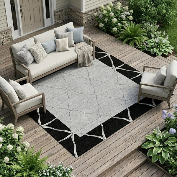 8' X 10' Black And Silver Geometric Washable Indoor Outdoor Area Rug Homeroots Outdoor