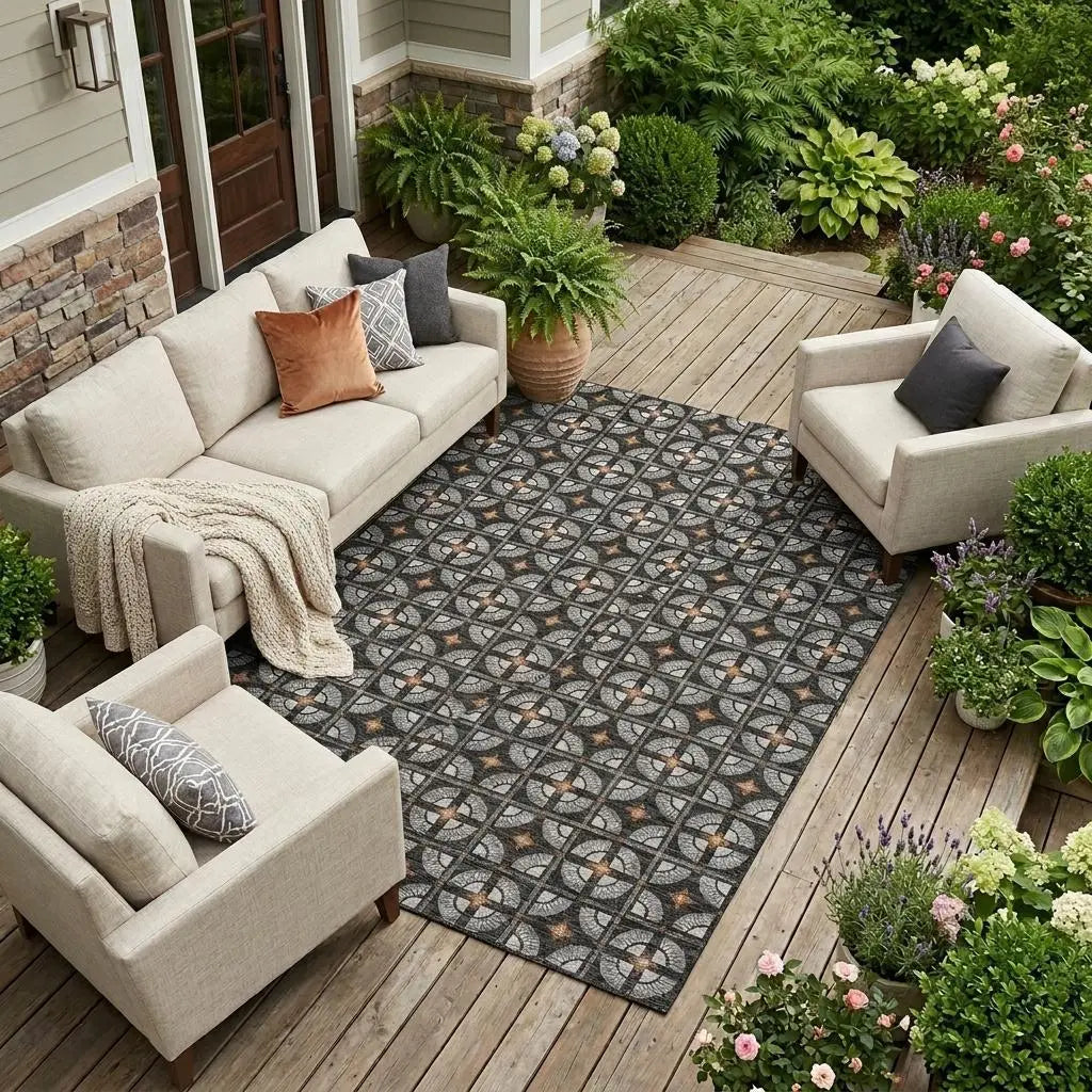 8' X 10' Black And Silver Geometric Washable Indoor Outdoor Area Rug Homeroots Outdoor