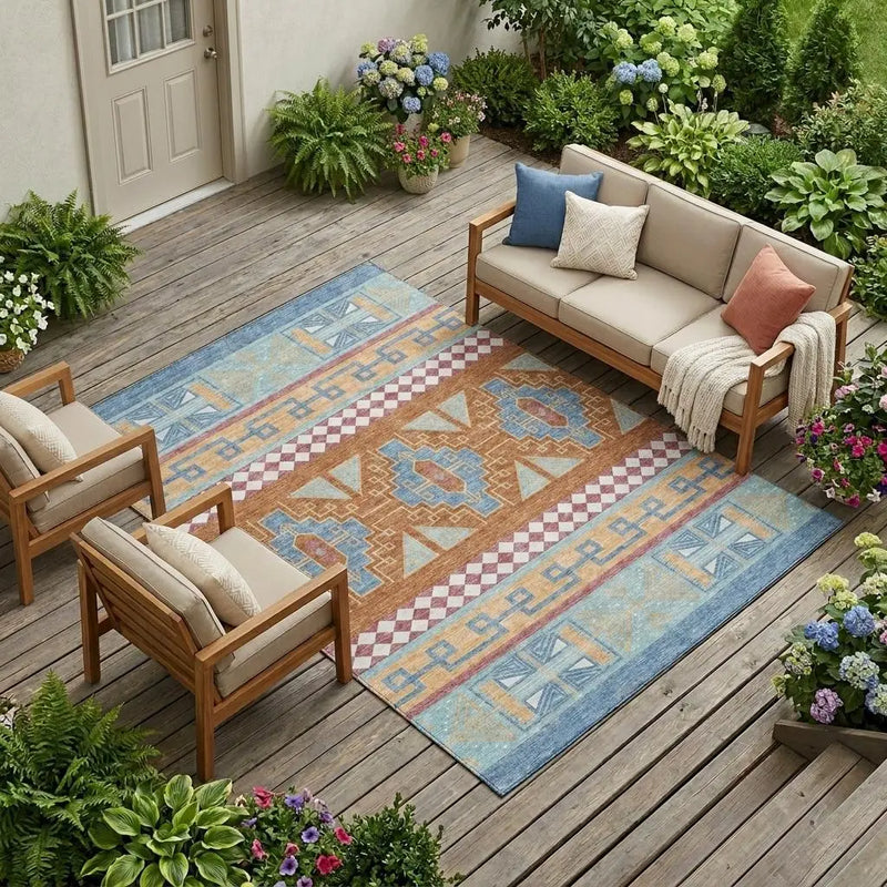 8' X 10' Blue And Aqua Tribal Washable Indoor Outdoor Area Rug Homeroots Outdoor