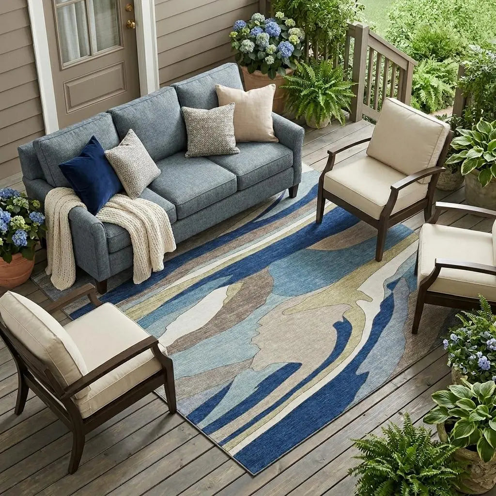 8' X 10' Blue And Beige Abstract Washable Indoor Outdoor Area Rug Homeroots Outdoor