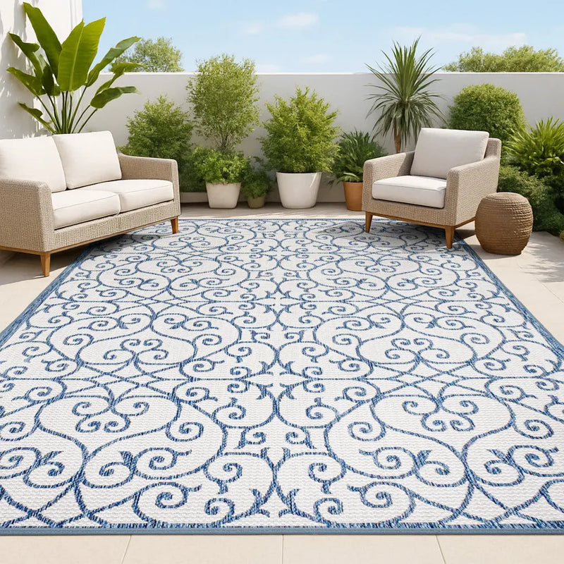 8' X 10' Blue And Cream Geometric Indoor Outdoor Area Rug Homeroots Outdoor