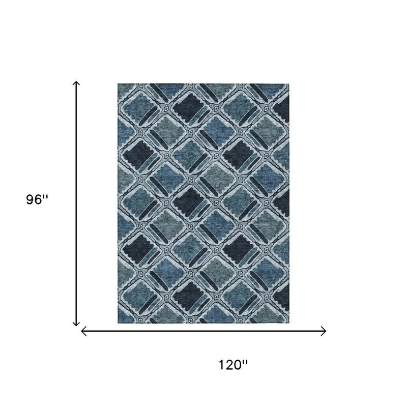 8' X 10' Blue And Graphite Geometric Washable Indoor Outdoor Area Rug Homeroots Outdoor