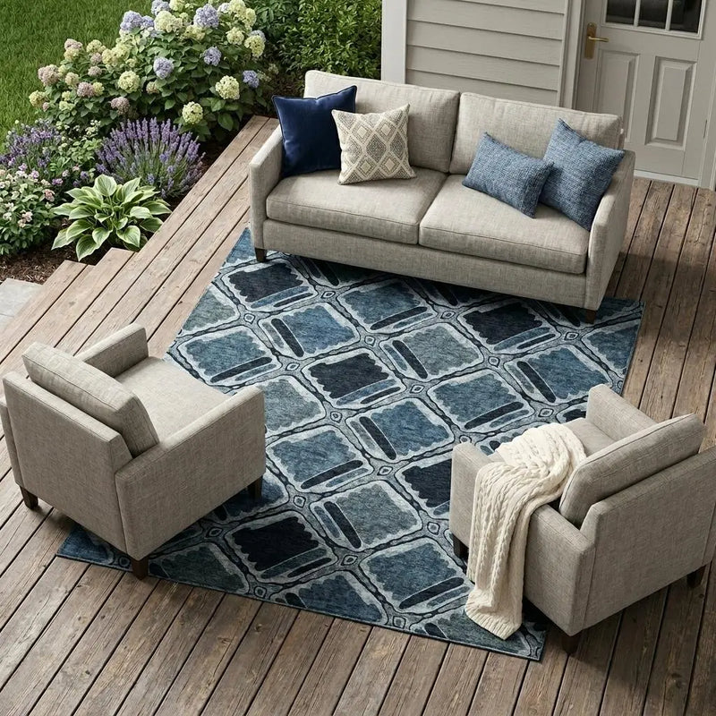 8' X 10' Blue And Graphite Geometric Washable Indoor Outdoor Area Rug Homeroots Outdoor