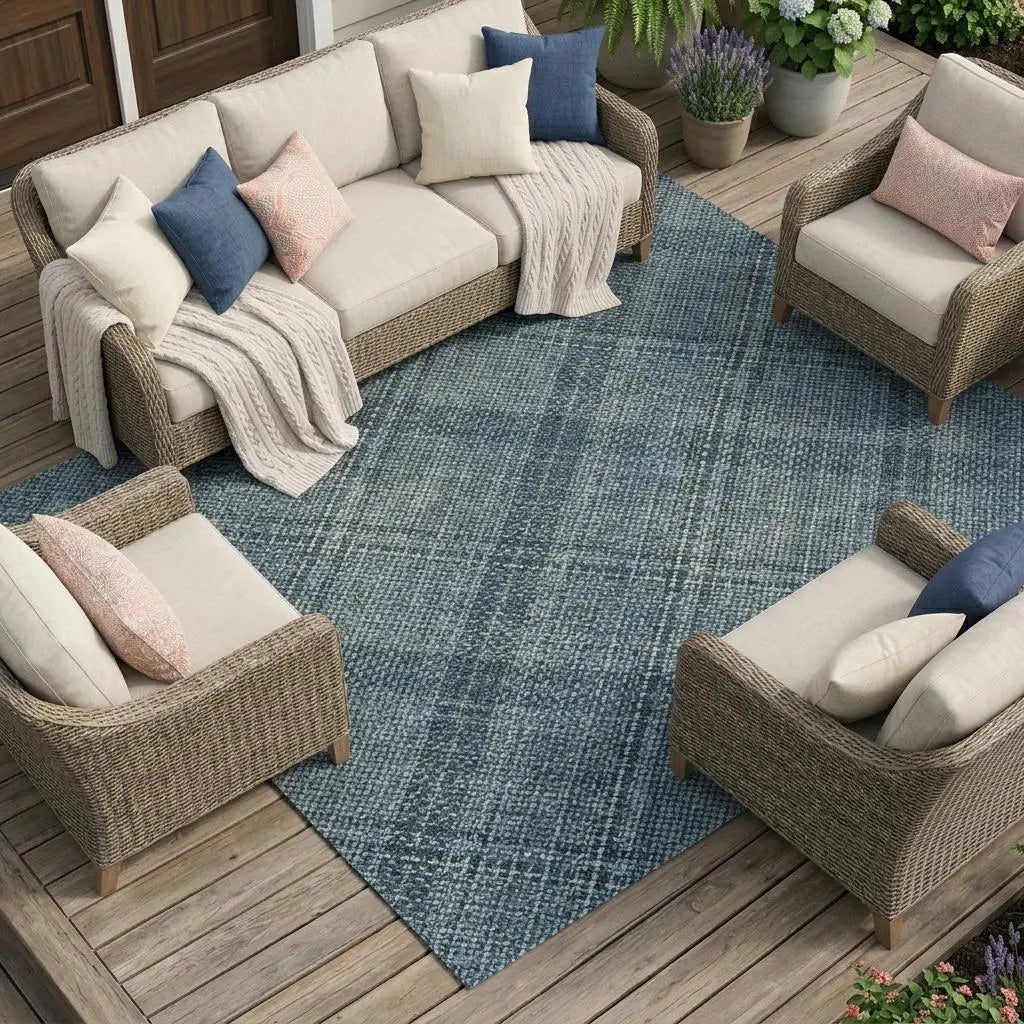 8' X 10' Blue And Graphite Plaid Washable Indoor Outdoor Area Rug Homeroots Outdoor
