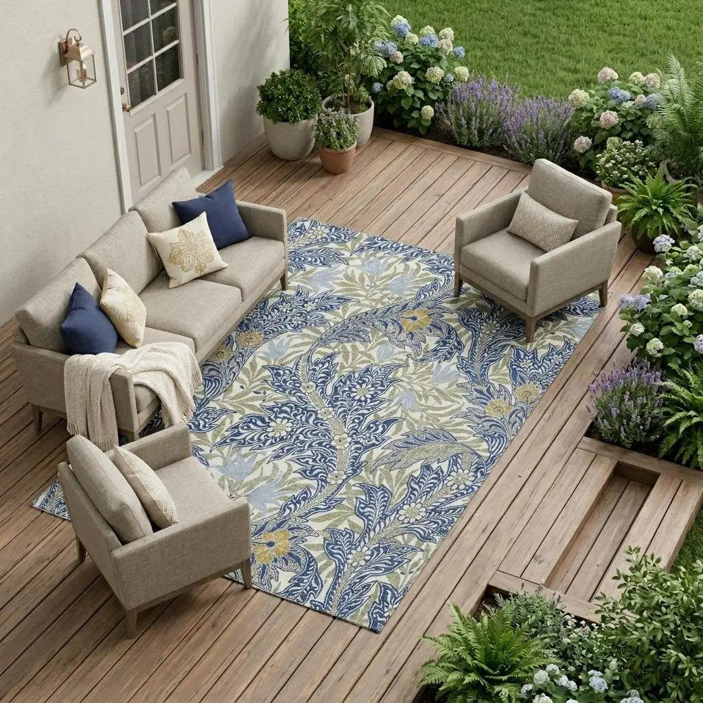 8' X 10' Blue And Gray Botanical Leaves Washable Indoor Outdoor Area Rug Homeroots Outdoor