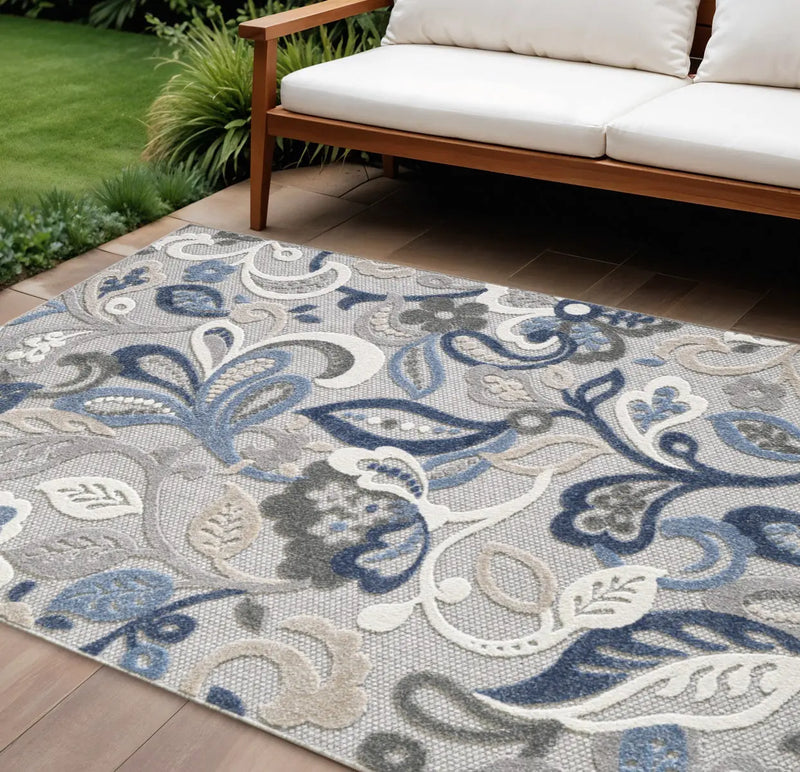 8' X 10' Blue And Gray Floral Stain Resistant Indoor Outdoor Area Rug Homeroots Outdoor