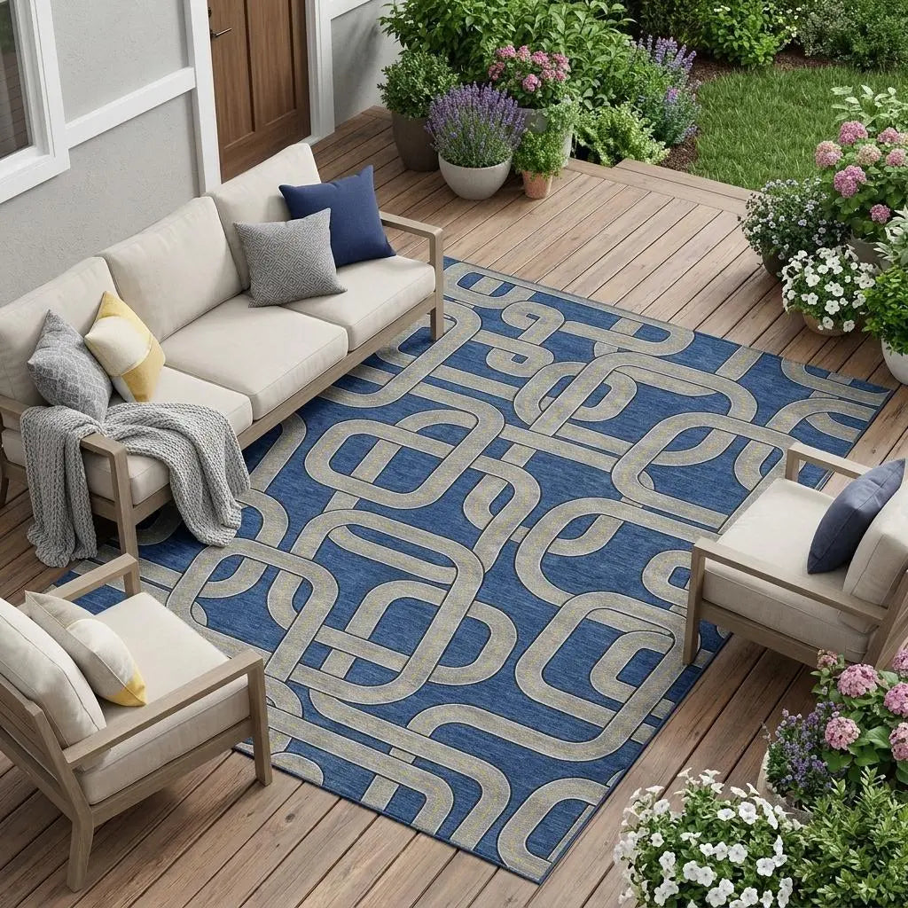 8' X 10' Blue And Gray Geometric Washable Indoor Outdoor Area Rug Homeroots Outdoor