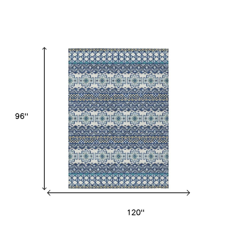 8' X 10' Blue And Gray Striped Washable Indoor Outdoor Area Rug Homeroots Outdoor