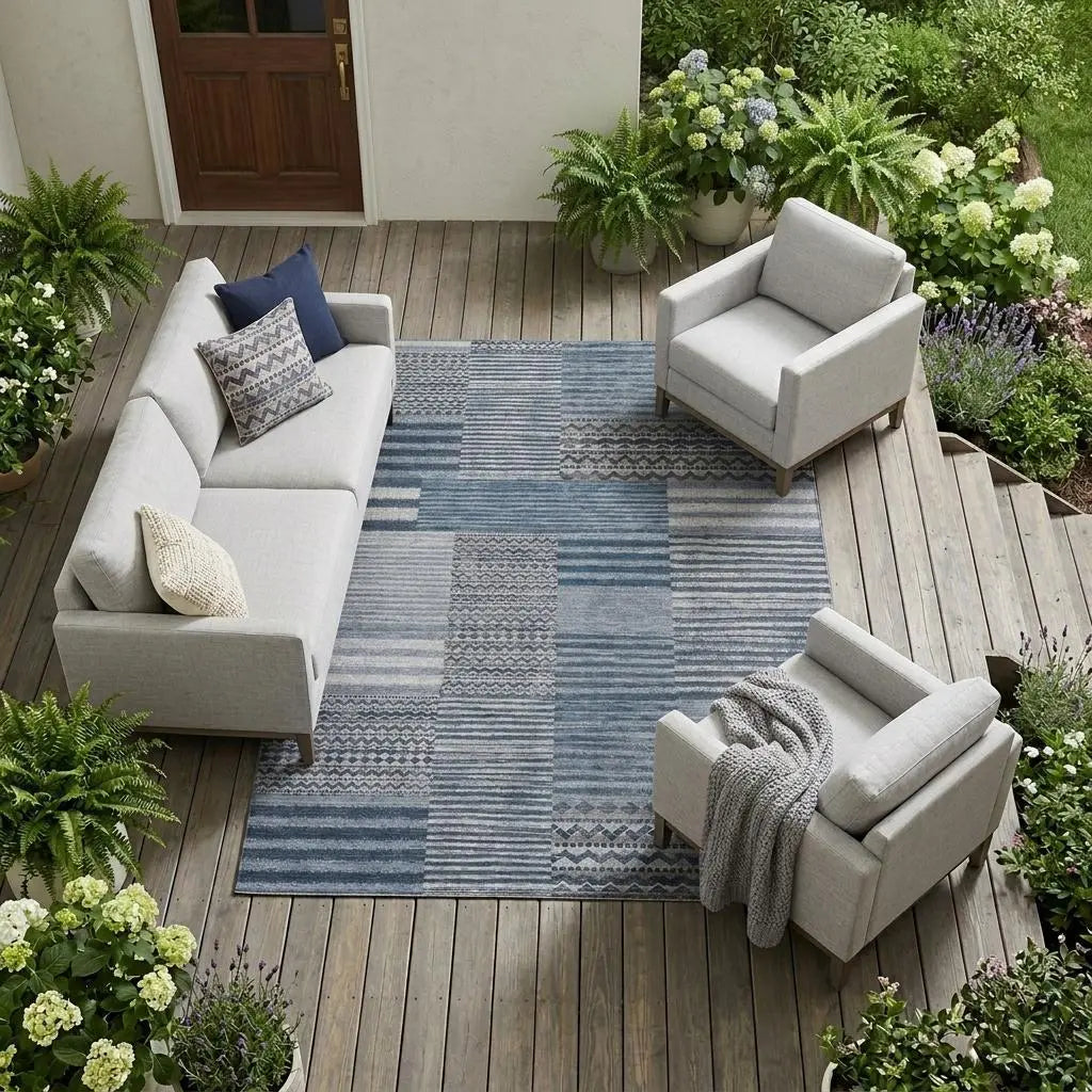 8' X 10' Blue And Gray Striped Washable Indoor Outdoor Area Rug Homeroots Outdoor