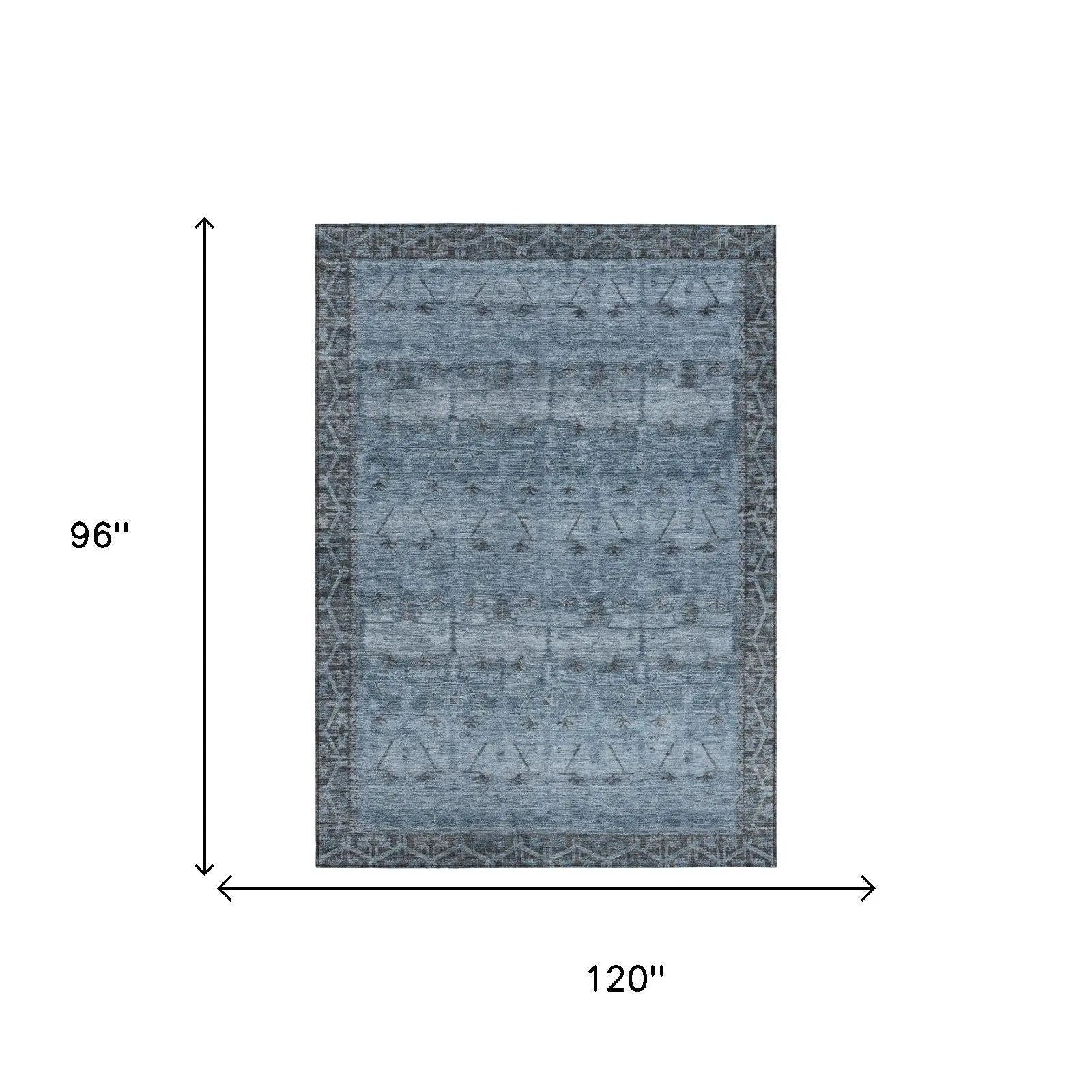 Blue woven area rug, 120" x 96", featuring geometric patterns and a soft texture, perfect for modern decor.
