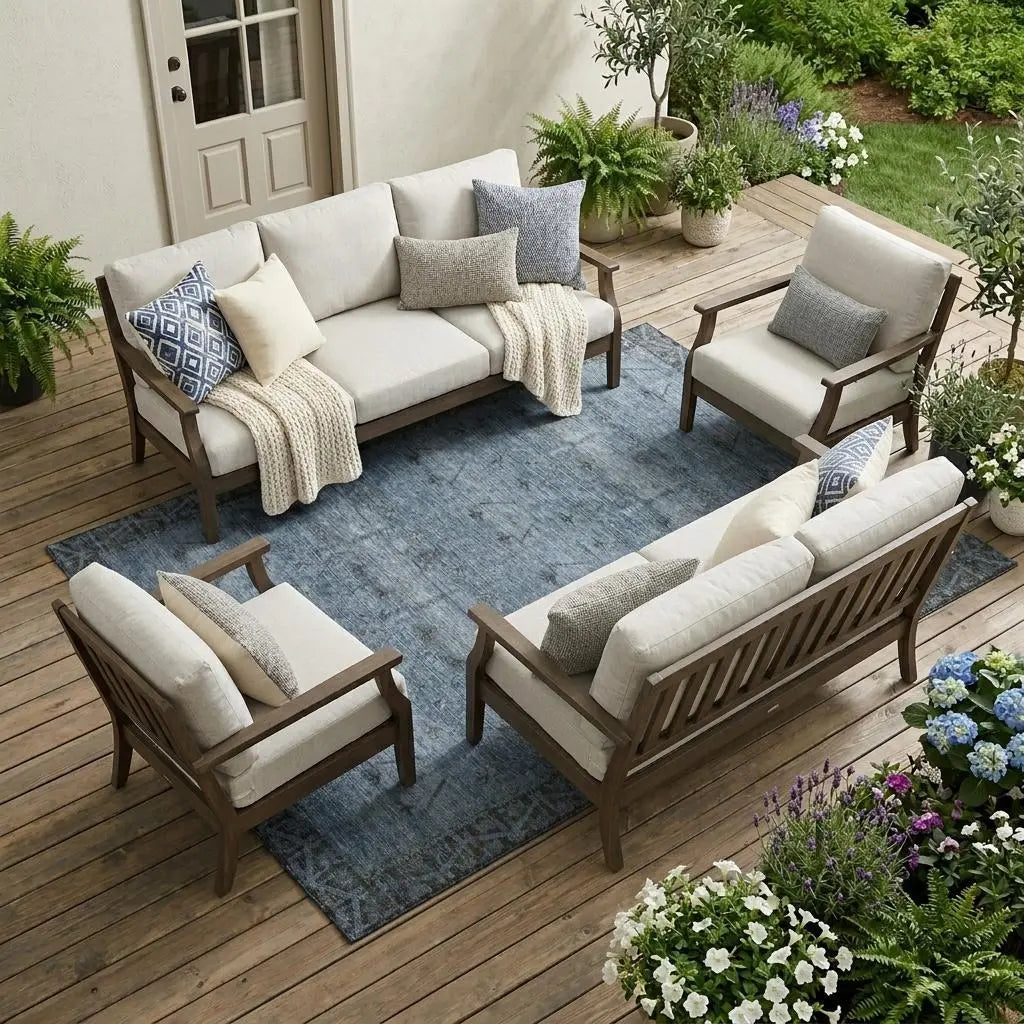 Neutral beige outdoor sofa set with grey cushions, wooden frames, and a blue rug, surrounded by greenery and flowers.