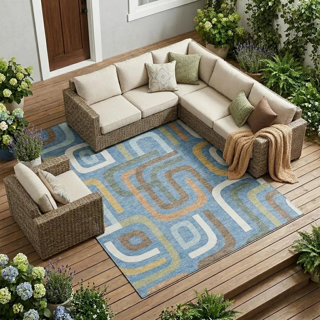 8' X 10' Blue And Green Geometric Washable Indoor Outdoor Area Rug Homeroots Outdoor