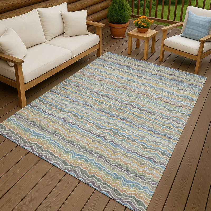 8' X 10' Blue And Green Striped Washable Indoor Outdoor Area Rug Homeroots Outdoor