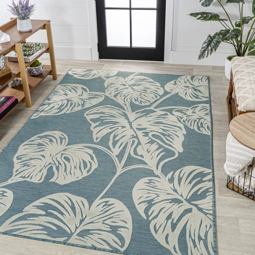 8' X 10' Blue And Ivory Floral Indoor Outdoor Area Rug - GreatEagleInc