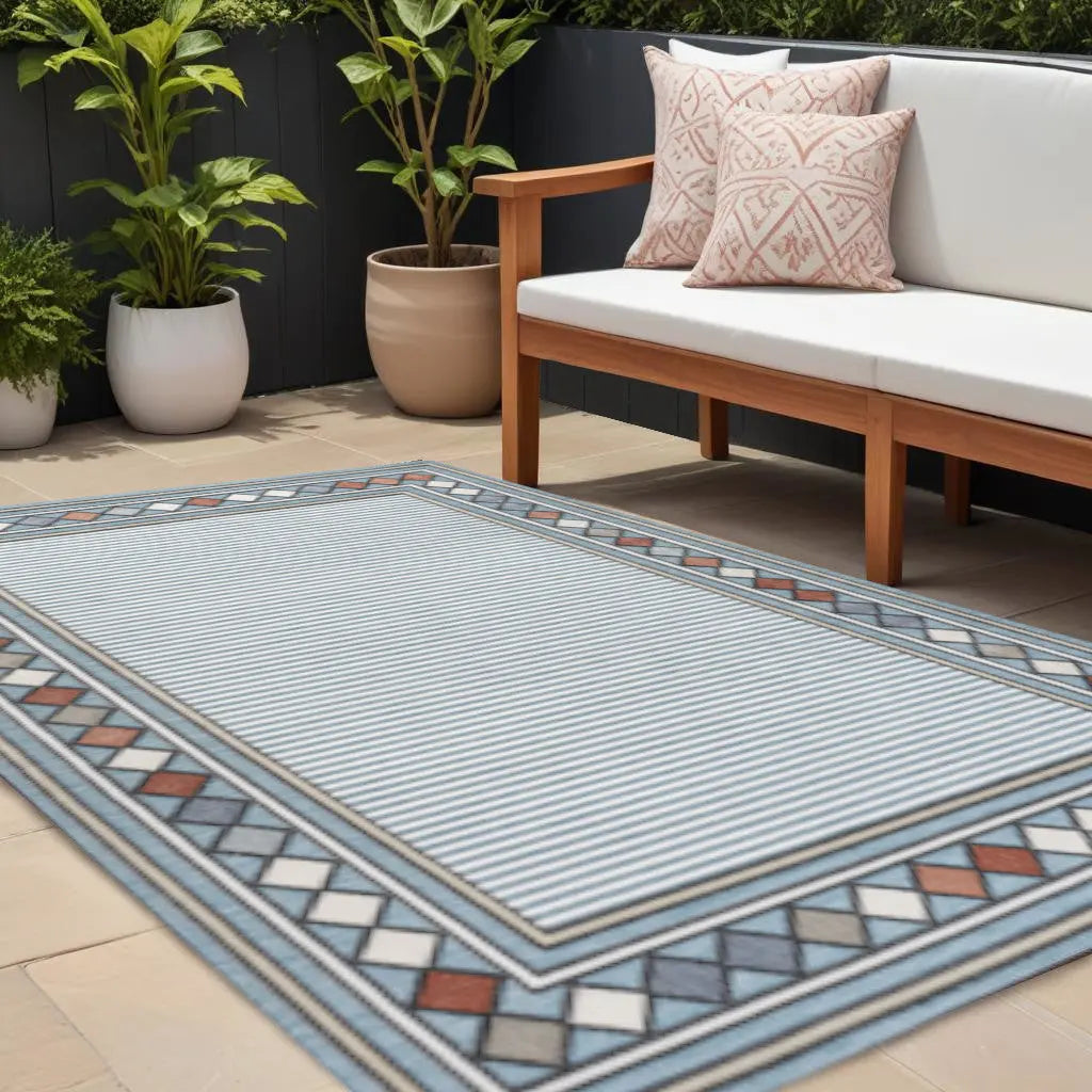8' X 10' Blue And Ivory Geometric Indoor Outdoor Area Rug Homeroots Outdoor