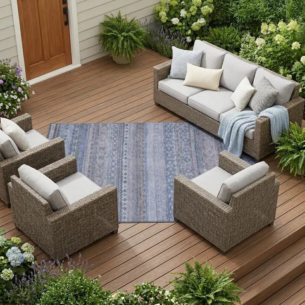 8' X 10' Blue And Lilac Striped Washable Indoor Outdoor Area Rug Homeroots Outdoor