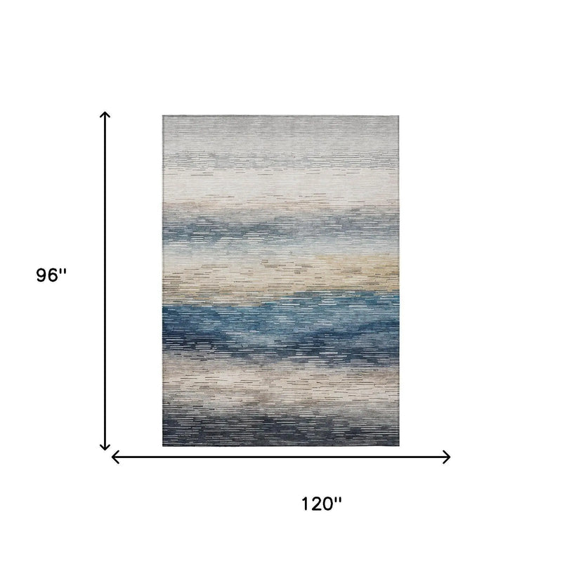 8' X 10' Blue And Linen Striped Washable Indoor Outdoor Area Rug Homeroots Outdoor