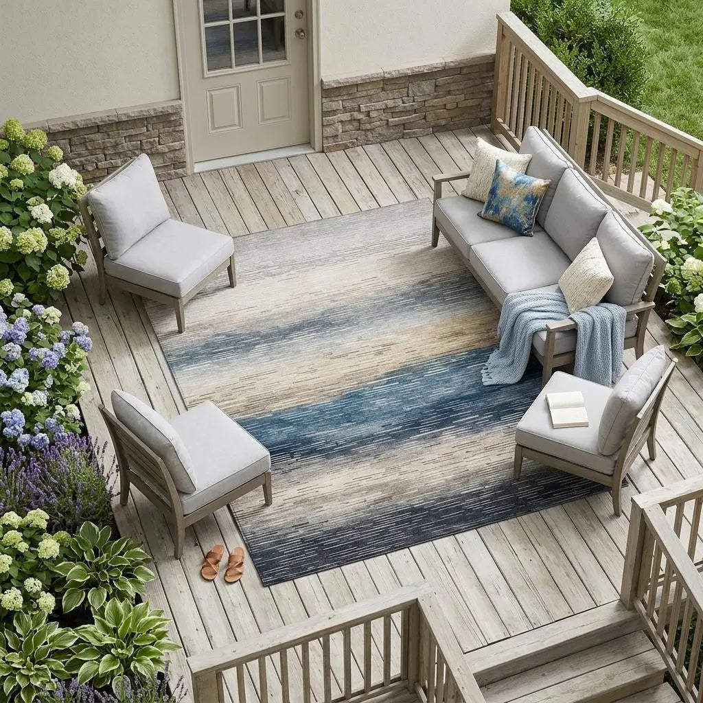 8' X 10' Blue And Linen Striped Washable Indoor Outdoor Area Rug Homeroots Outdoor