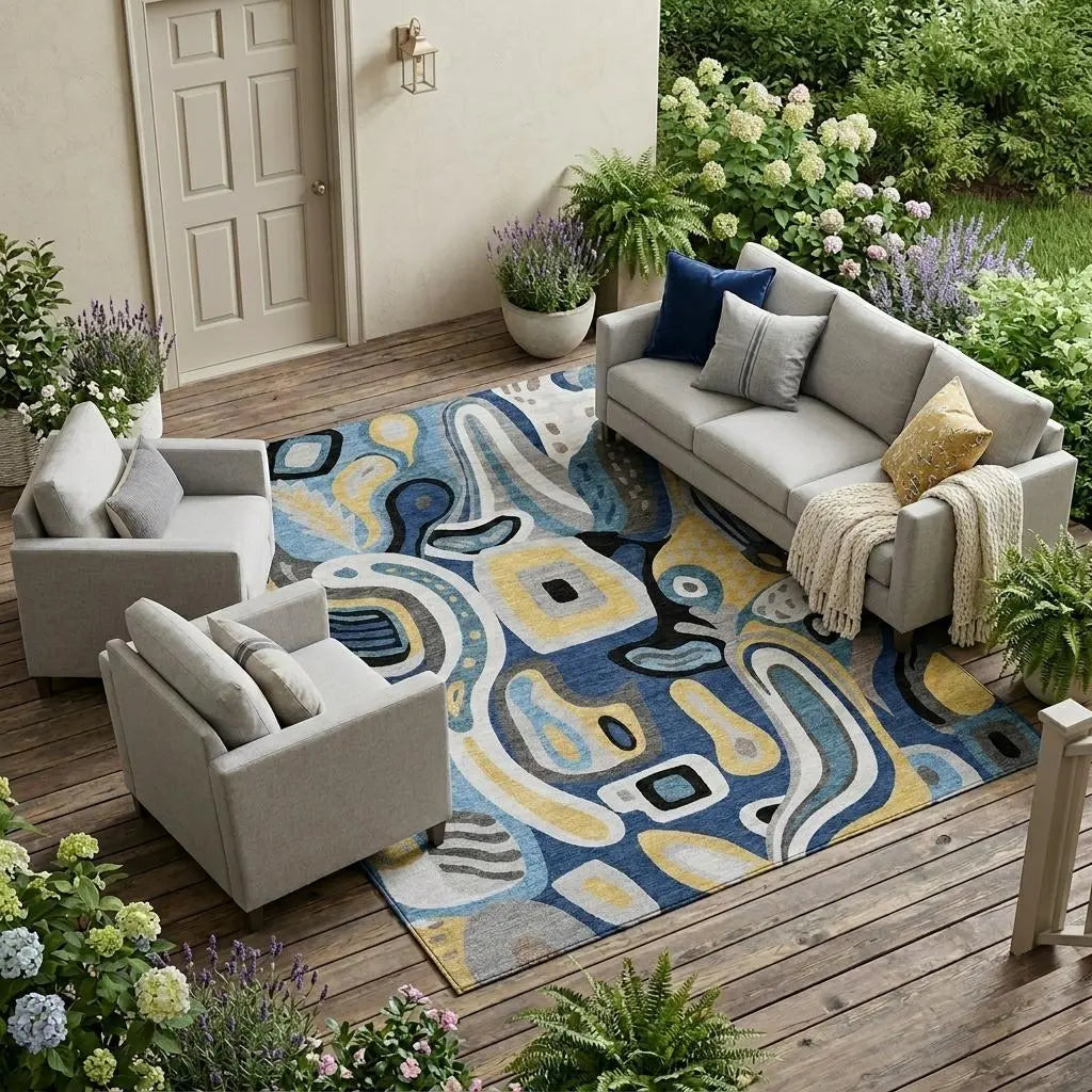 8' X 10' Blue And Navy Blue Abstract Washable Indoor Outdoor Area Rug Homeroots Outdoor
