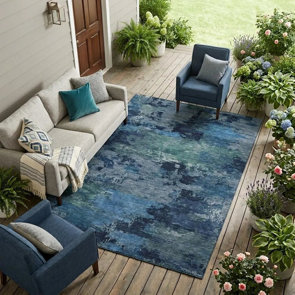 8' X 10' Blue And Navy Blue Abstract Washable Indoor Outdoor Area Rug Homeroots Outdoor