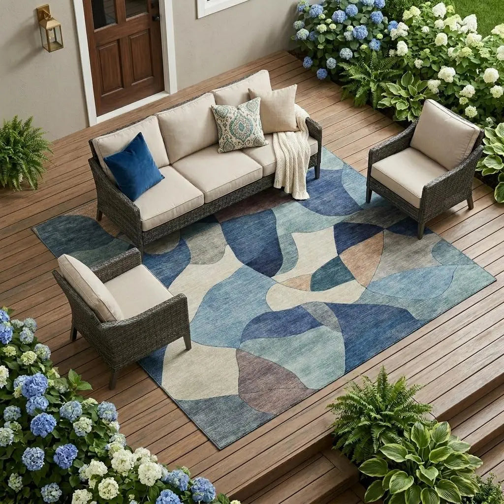 8' X 10' Blue And Navy Blue Abstract Washable Indoor Outdoor Area Rug Homeroots Outdoor