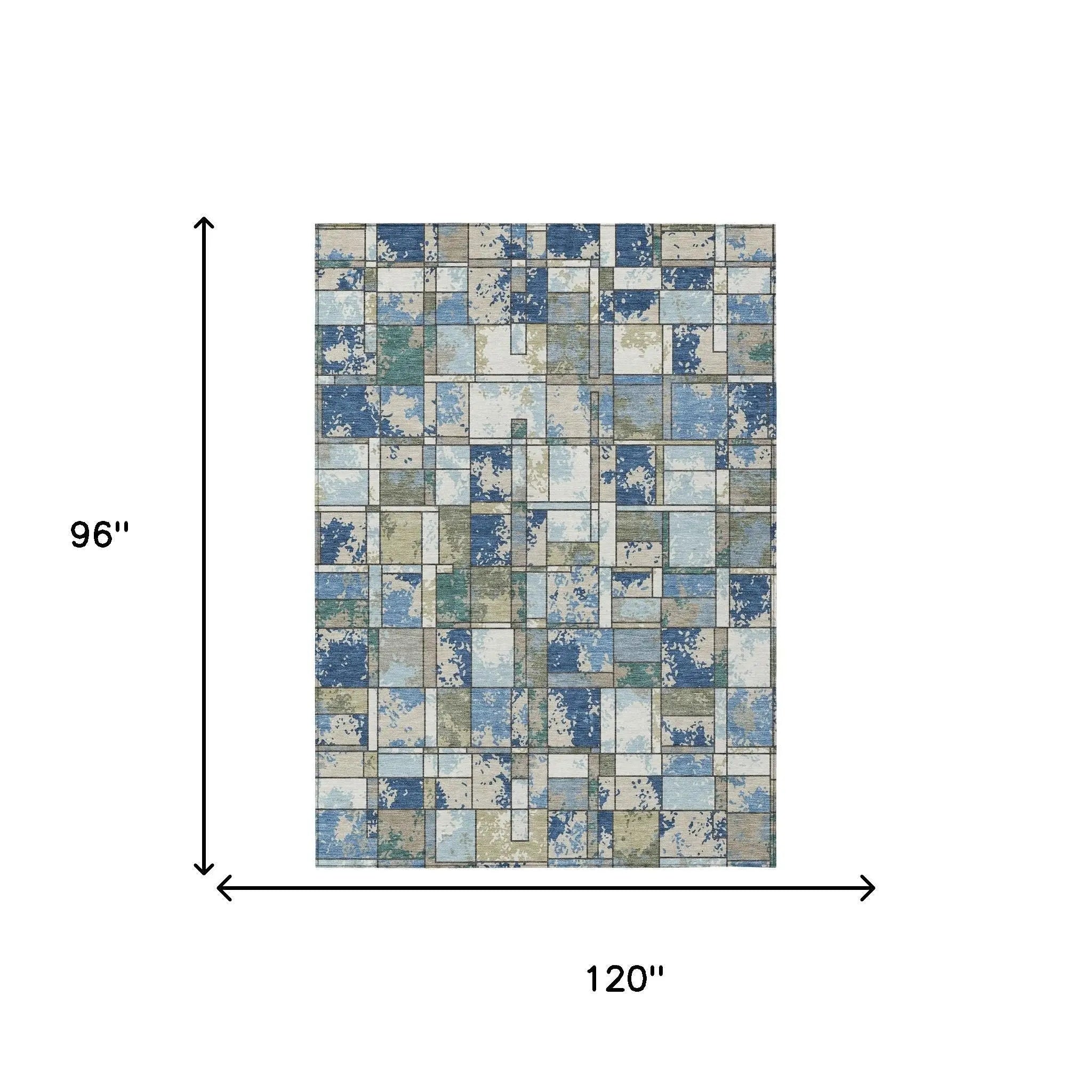 Blue and green vintage-style area rug, 120" x 96", featuring a patchwork design with distressed textures.