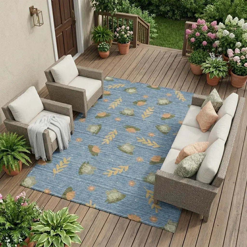 8' X 10' Blue And Olive Green Botanical Leaves Washable Indoor Outdoor Area Rug Homeroots Outdoor