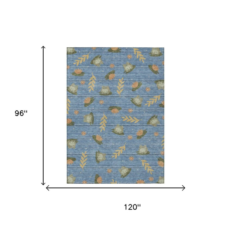 8' X 10' Blue And Olive Green Botanical Leaves Washable Indoor Outdoor Area Rug Homeroots Outdoor